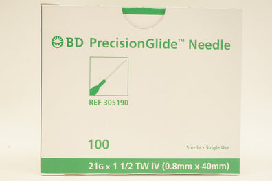 BD 305190 Becton PrecisionGlide  Ndle. TW IV, 21G x 1-1/2inch - Box of 100